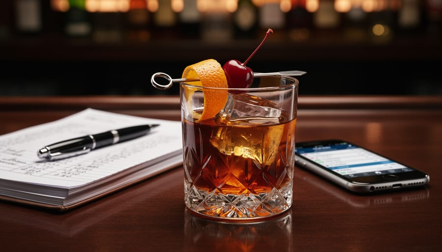 Añejo tequila old fashioned cocktail in crystal glass with ice sphere and orange peel