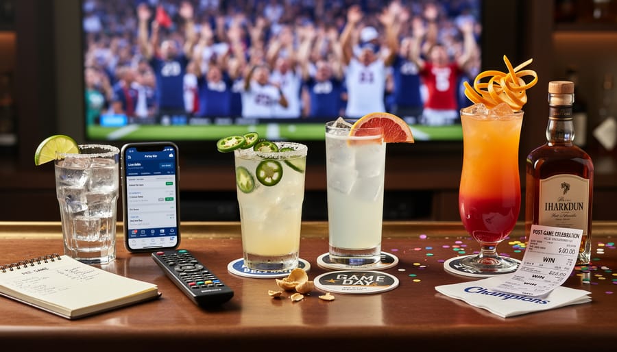 Overhead view of three different tequila cocktails on bar with sports theme