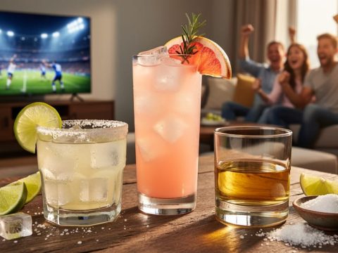 Three tequila cocktails—a salt-rimmed margarita, grapefruit Paloma, and neat reposado—on a wooden table with lime wedges and sea salt, with a blurred TV showing stadium lights and friends cheering in warm golden-hour lighting.