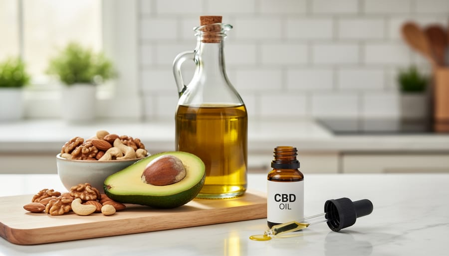 Avocado, nuts, and olive oil on a plate with a small dropper bottle nearby.