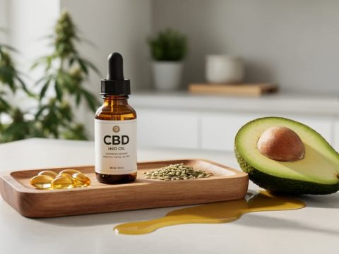 “CBD oil dropper bottle and capsules on a wooden tray with hemp seeds, beside avocado and golden oil under soft natural light.”