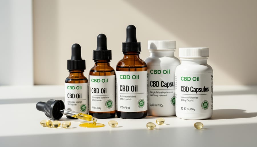 Close-up of CBD capsules and a dark glass CBD oil bottle on a wooden surface.