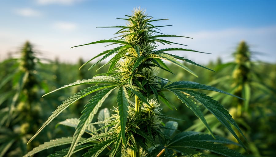 Hemp plants growing outdoors with green leaves in soft natural light.