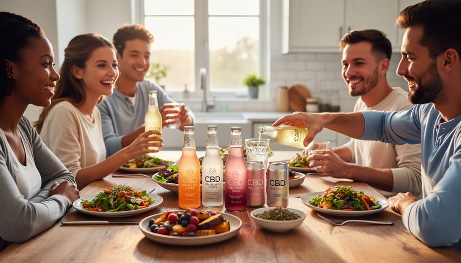 People at a restaurant table enjoying a non-alcoholic herbal drink with citrus and ice.