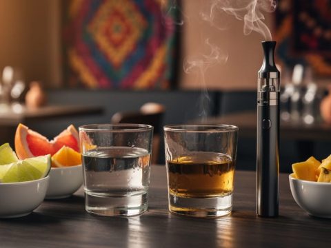 Close-up of a tequila tasting setup with two glasses, citrus and tropical fruit elements, and faint vapor wisps from a vape device on a dark wood bar.