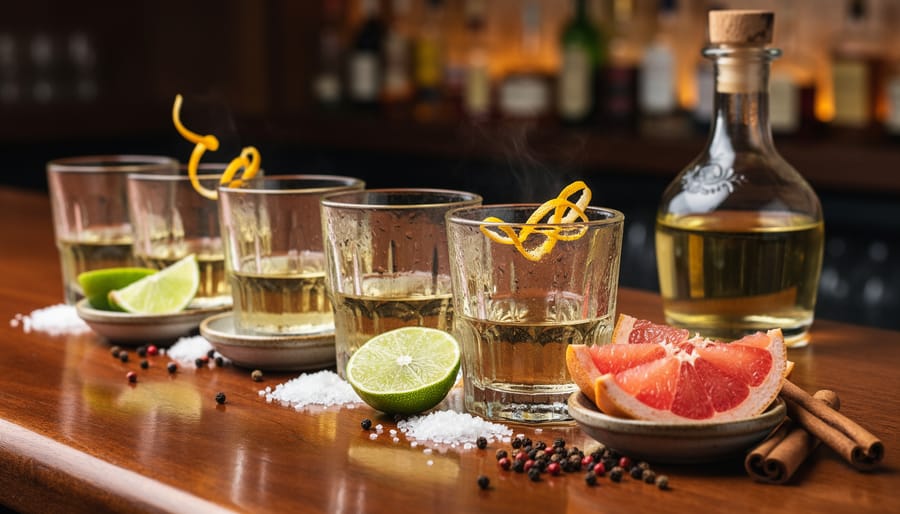 Three small tequila pours of different colors with lime and cinnamon on a wooden tray
