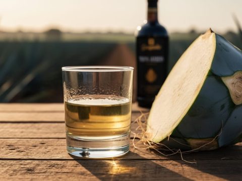 Pale-gold tequila in a crystal glass alongside a blue Weber agave plant on a rustic wooden surface, with softly blurred tequila bottle elements in the background.