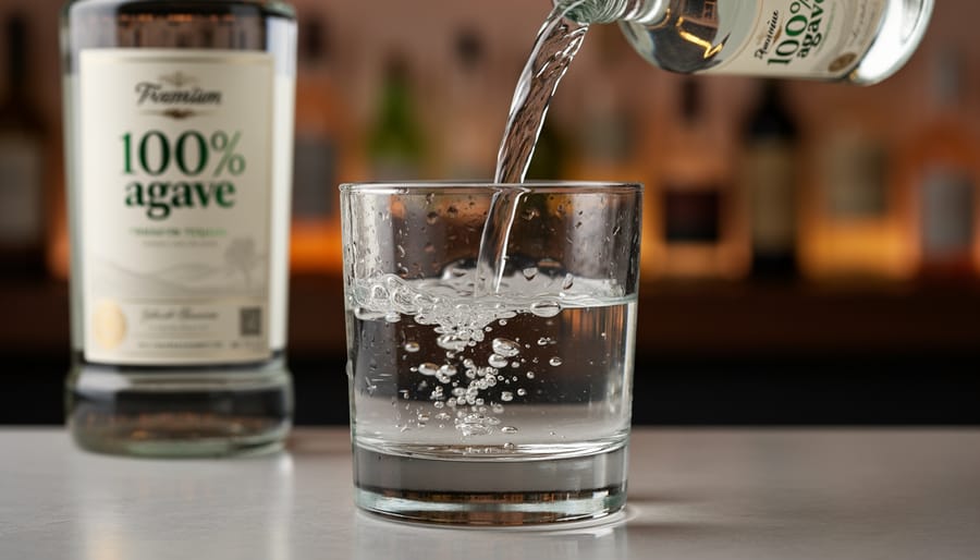 Clear tequila blanco in a small glass with lime and orange on a wooden bar surface