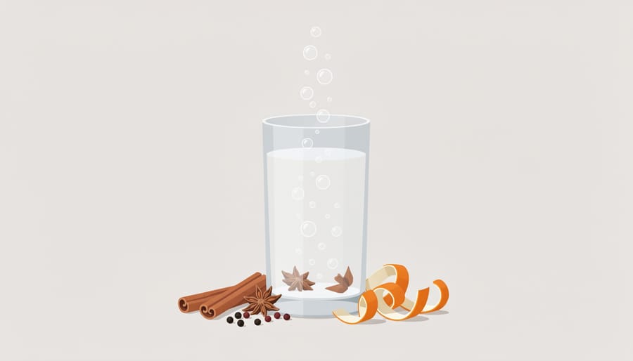 Sparkling water glass with rising bubbles next to dried spices like cinnamon and cloves