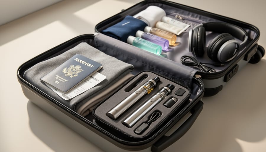 Open carry-on bag on a bed with a vape device stored in a protective case