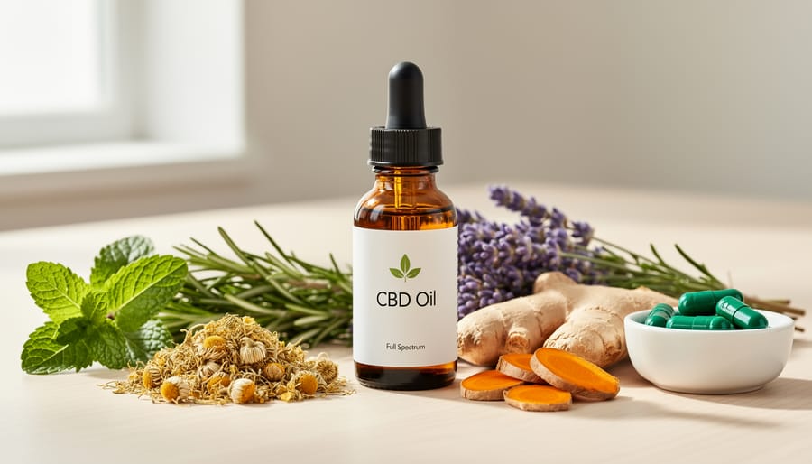 CBD oil bottle next to a mortar and pestle with dried herbal ingredients like chia and cacao remnants