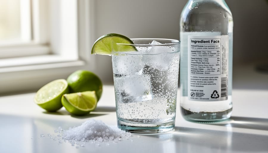 Chilled sparkling water bottle and glasses with condensation, lime wedges, and salt on a wooden table