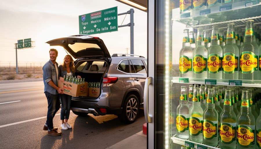 Topo Chico glass bottles packed in an open car trunk near a border-crossing road-trip setting