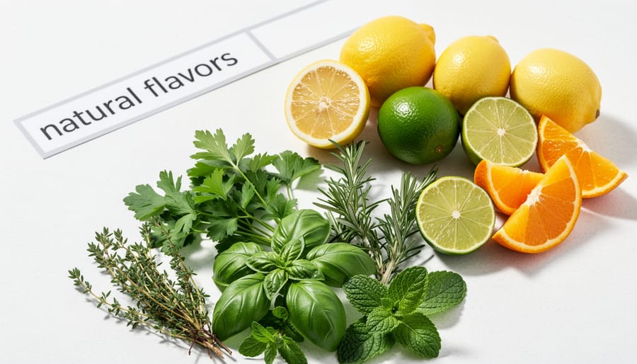 Close-up still life of mint and cilantro leaves with lime zest and black pepper
