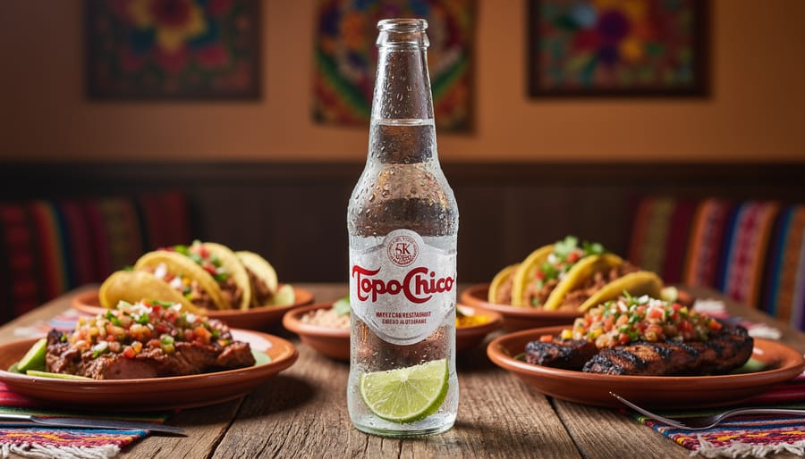 Topo Chico glass bottle with lime wedge on a Mexican restaurant table next to tacos