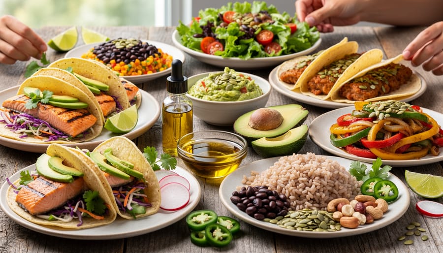 Avocado, pepitas, cacao nibs, and a bowl of olive oil arranged on a wooden board in a Mexican-inspired setup