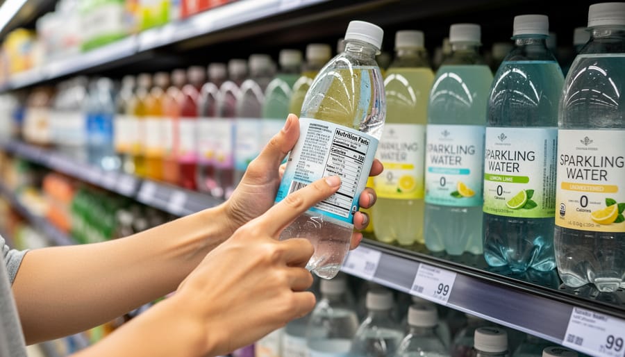 Hands selecting sparkling water items on a checkout counter with a lime nearby