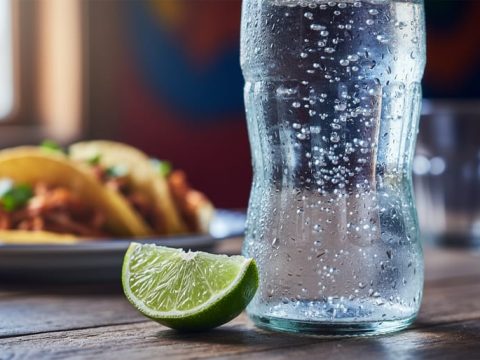 Close-up of a sparkling water bottle with condensation and a lime wedge on a restaurant table, with tacos and glassware softly blurred in the background.