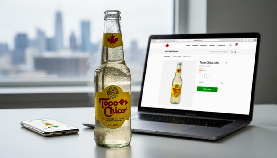 Condensation-covered Topo Chico glass bottle being placed into a reusable cooler bag for pickup or delivery