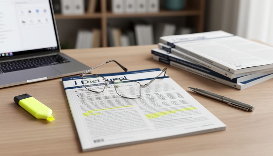 Open journal book on a wooden table with a magnifying glass and blurred library books in the background