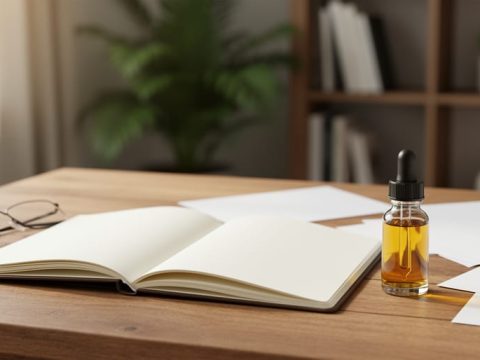 “Open journal book on a wooden table next to a CBD oil dropper bottle and reading glasses, suggesting evidence-based research context for supplement seekers.”