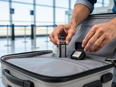 Close-up of a traveler’s hands placing a vape device and protected battery into an open carry-on bag at an airport checkpoint.