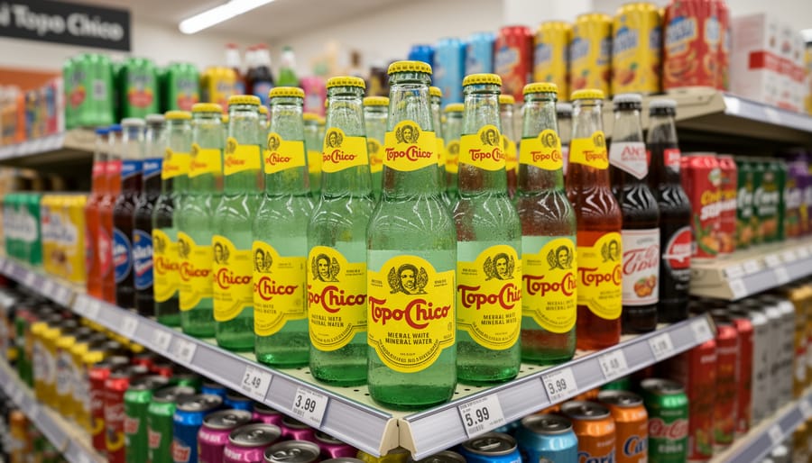 Topo Chico mineral water bottles displayed inside a specialty Latin grocery store aisle