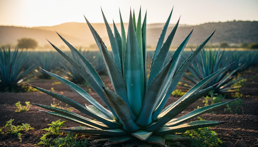 Blue agave plant with sunlit spiky leaves in a rural landscape