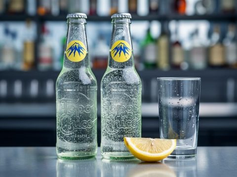 “Chilled Topo Chico sparkling water bottles with condensation and rising bubbles on a bar counter.”
