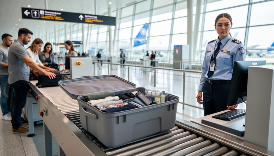 Traveler at an airport TSA security checkpoint with carry-on bag near the conveyor belt