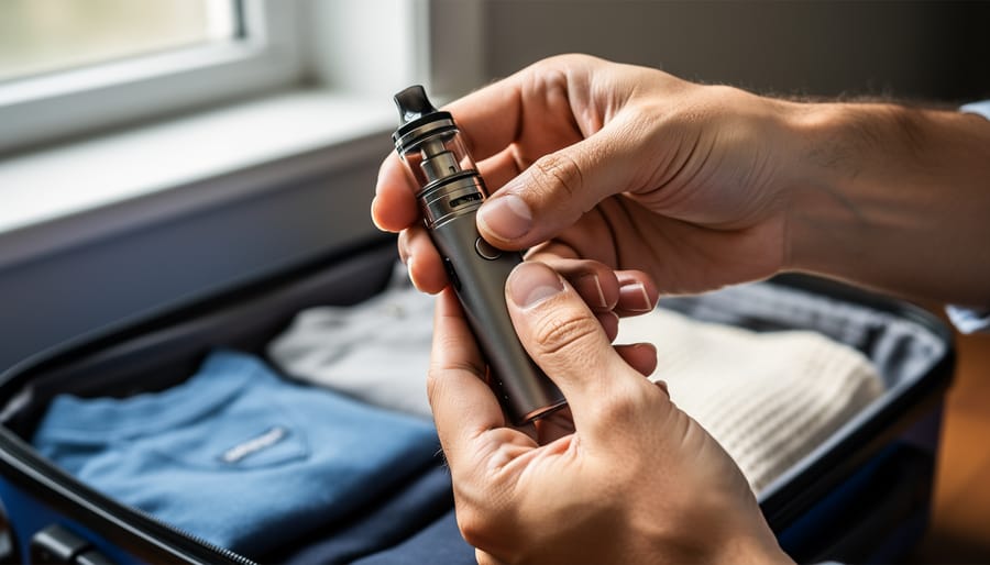 Close-up of a vape device being handled carefully with power off