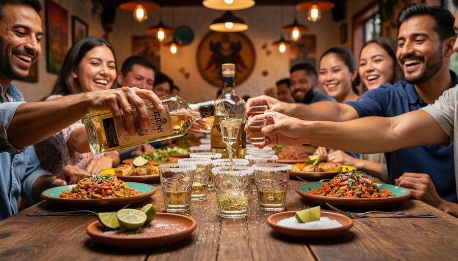 Warmly lit restaurant scene with tequila bottles on a bar shelf and a bartender pouring a drink for guests.