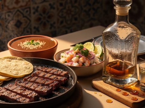 Mexican restaurant table scene with a tequila bottle and agave-inspired amber tones beside sizzling carne asada, mole, and citrus ceviche on a comal setting.