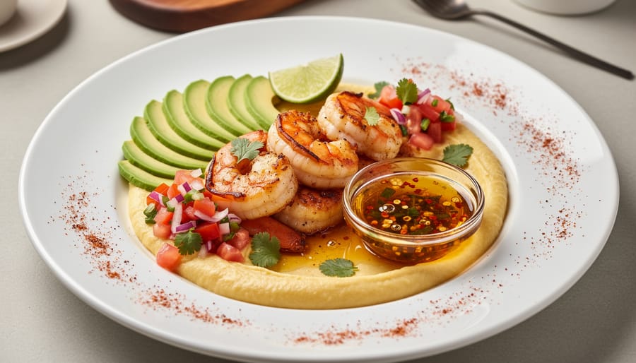 Chef-plated shrimp in a reddish tequila-lime sauce with tortillas and garnishes on a table.