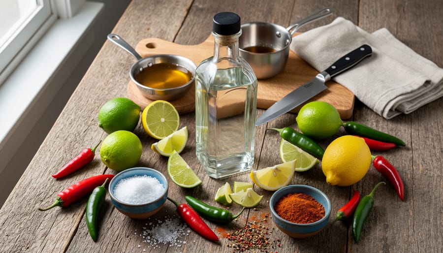 Tabletop with a bottle of tequila, citrus fruits, chiles, and a skillet of simmering sauce in a rustic Mexican kitchen setting.