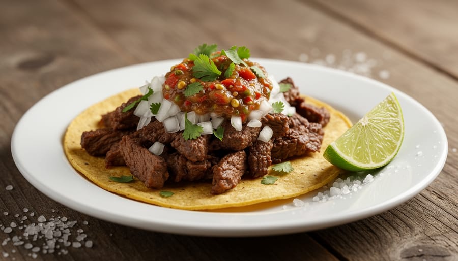 Corn tortilla street taco with al pastor-style pork, diced onion, cilantro, and red salsa on a wooden board.