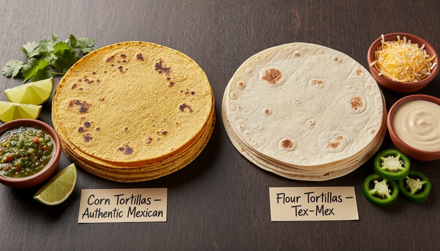 Corn tortillas and flour tortillas with salsa and crema on a wooden surface.