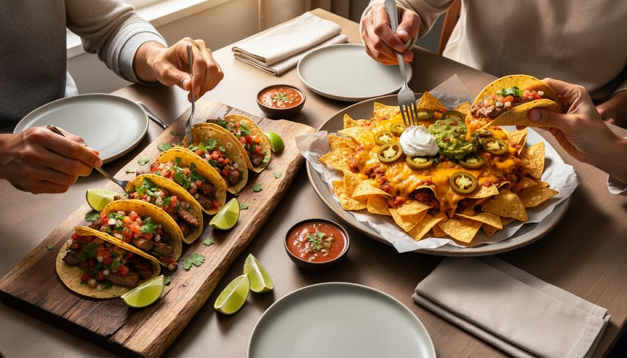 Table scene featuring tacos al pastor and nachos with melted cheese and toppings in a warm restaurant atmosphere.