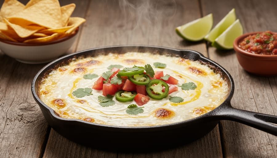 Skillet of bubbling chili con queso with melted cheese and tortilla chips on a dark tabletop.