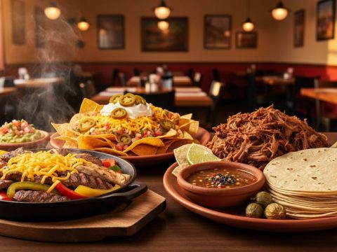 Table view showing sizzling fajitas and loaded nachos next to regional Mexican dishes like mole, braised meat, charred salsa, and fresh corn tortillas.